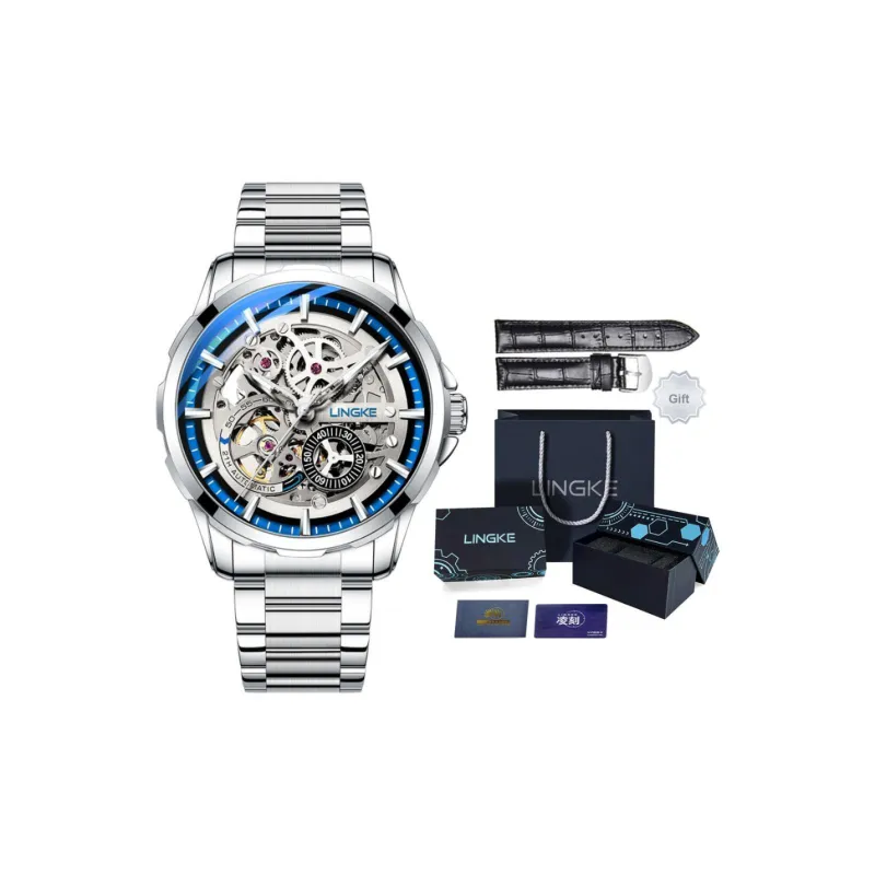 LINGKE Автоматический Механический Механизм Нержавеющая Сталь Ремешок Часы Мужские Часы Синий Циферблат