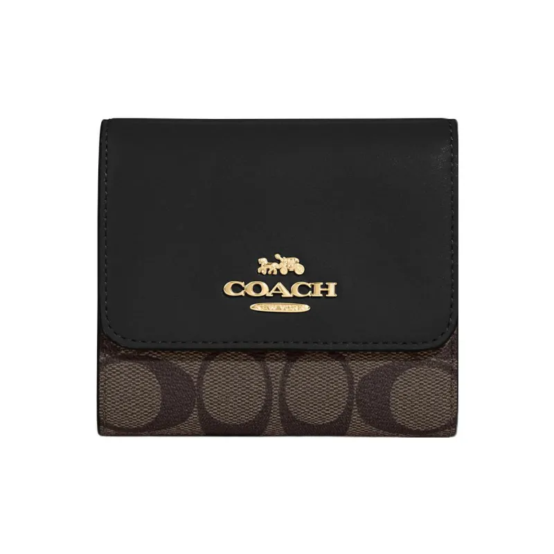 COACH Trifold Wallet Холст и Кожа Держатель для Карт Кошелек Маленький Женский Коричневый и Черный