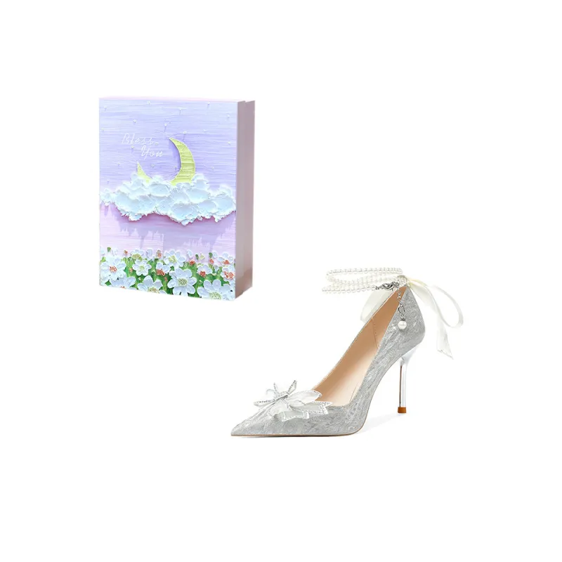 ROBINHOOD Замок 3D Коробка Узкий каблук Высокие каблуки Женские Серебристый