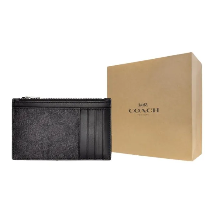 COACH ПВХ с коровьей кожей кошелек для монет держатель для карт унисекс угольно-черный монограмма