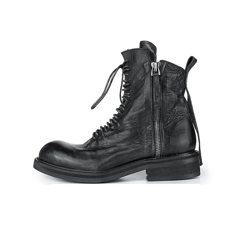HUANXIANGZHE Мартин ботинок оригинальный дизайн высокая платформа круглый носок натуральная кожа молния унисекс черный